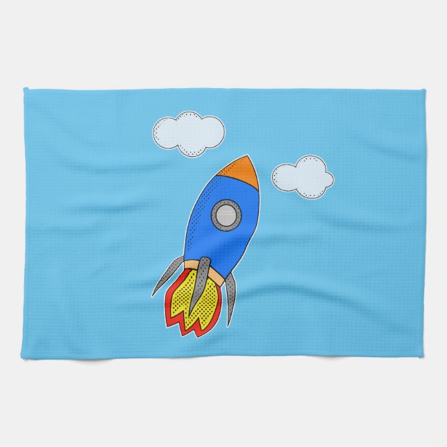 Cartoon Space Rocket In Blue Sky Towel (Horizontal)
