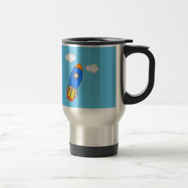 Cartoon Space Rocket In Blue Sky Travel Mug (Right)