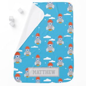 Cartoon Space Rockets Blue Pattern Personalised Baby Blanket