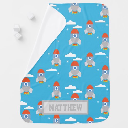 Cartoon Space Rockets Blue Pattern Personalised Baby Blanket