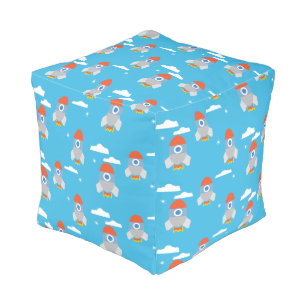 Cartoon Space Rockets Blue Pattern Pouf