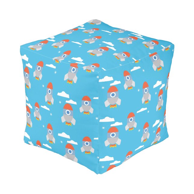 Cartoon Space Rockets Blue Pattern Pouf (Angled Front)