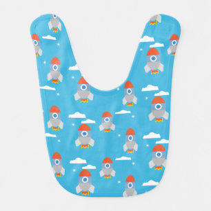 Cartoon Space Rockets Bright Blue Pattern Baby Bib