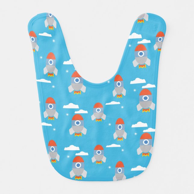Cartoon Space Rockets Bright Blue Pattern Baby Bib (Front)