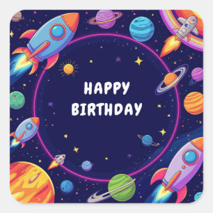 🌟 Cartoon Space Scene With Rockets And Planets ⭐ Square Sticker