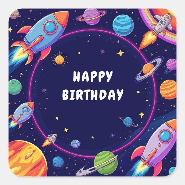 🌟 Cartoon Space Scene With Rockets And Planets ⭐ Square Sticker (Front)