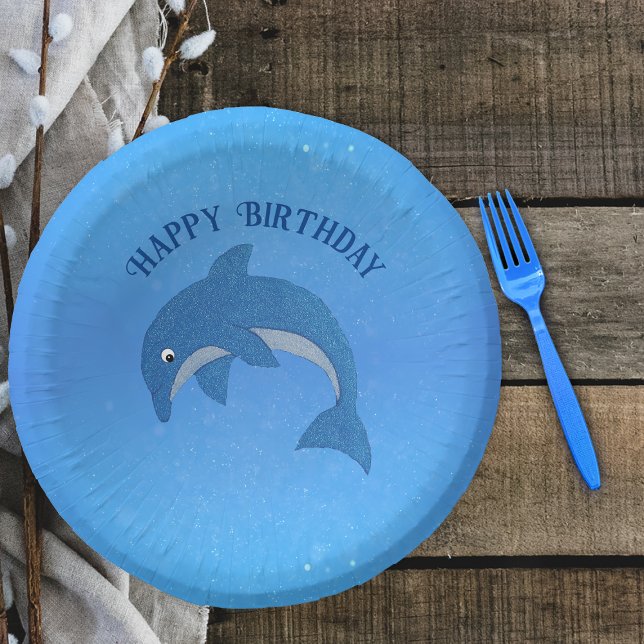 Cartoon Sparkle blue White Birthday Dolphin  Paper Bowls (Fun cartoon blue white dolphin in jumping position on Blue Happy Birthday  paper bowl.)