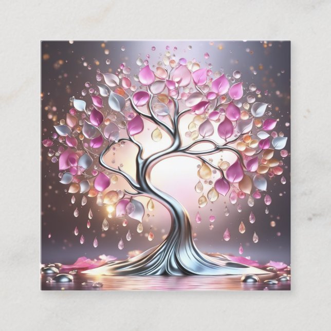 Cartoon splash art, silver tree, with transparent  square business card (Front)