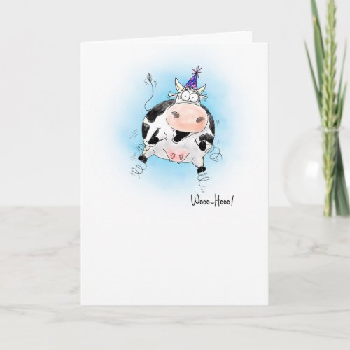 Cartoon Springy Cow Woo_Hoo Birthday Card