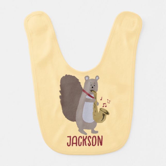 Cartoon Squirrel Playing Saxophone Musical  Baby Bib (Front)