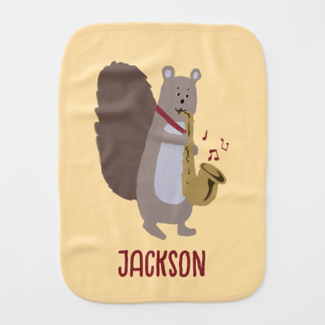 Cartoon Squirrel Playing Saxophone Musical  Baby Burp Cloth (Front)
