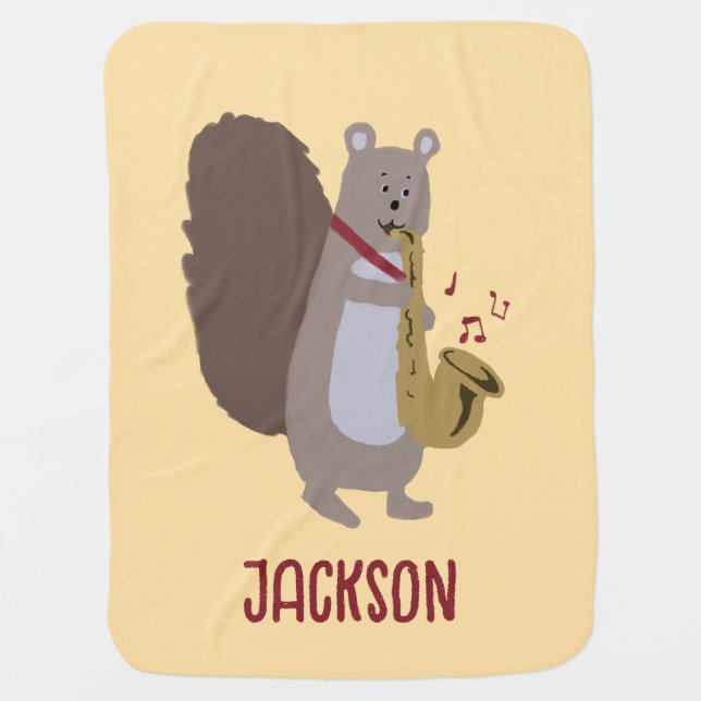 Cartoon Squirrel Playing Saxophone Personalized Baby Blanket (Front)