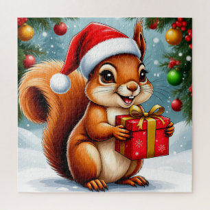 Cartoon Squirrel With Christmas Gift Family Fun Jigsaw Puzzle