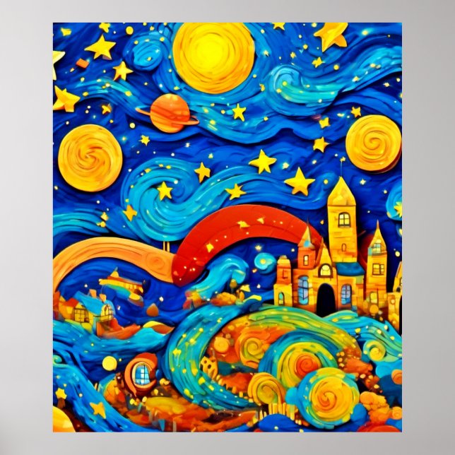 Cartoon Starry Night Art Poster (Front)