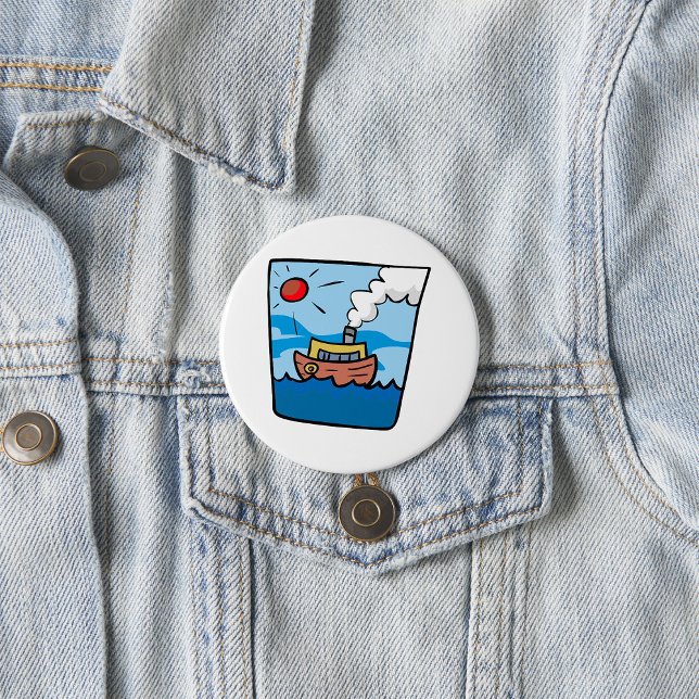 Cartoon Steamship on Ocean Waves Nautical Art  Button (Creator Uploaded)