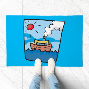 Cartoon Steamship on Ocean Waves Nautical Art Doormat