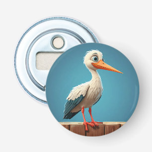 Cartoon Stork with Bright Eyes on Wooden Fence Bottle Opener