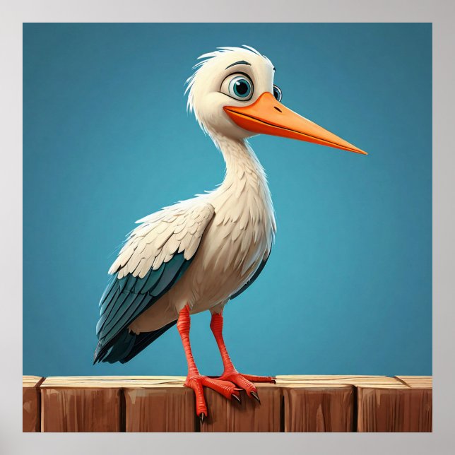 Cartoon Stork with Bright Eyes on Wooden Fence Poster (Front)