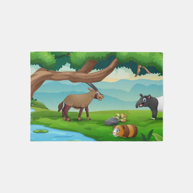 Cartoon Style Animals in the Meadow by a River Rug (Front)