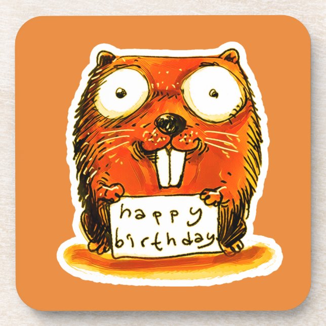 cartoon style beaver holds happy birthday message beverage coaster (Front)