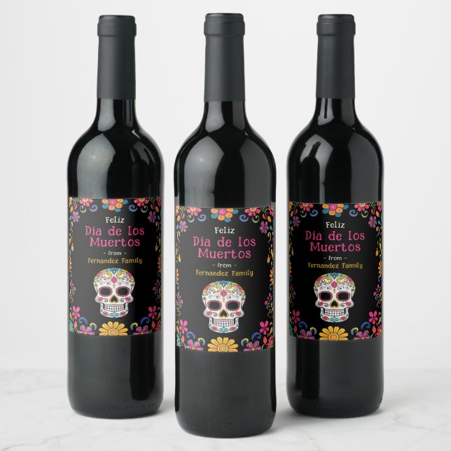 💀🎉 Cartoon style black Día de Muertos Party  Wine Label (Bottles)