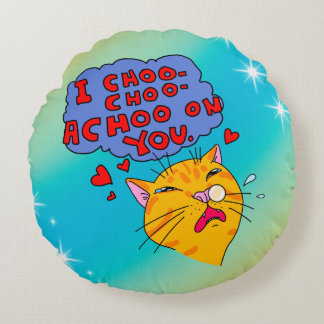 Cartoon Style Cat With Sneezing Loving Text Round Pillow