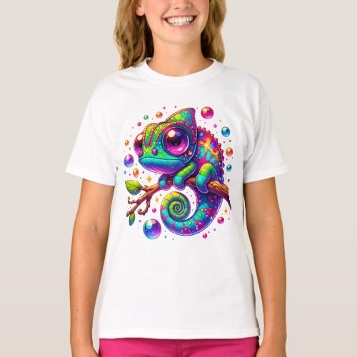 Cartoon Style Chameleon in Rainbow Colors  T_Shirt