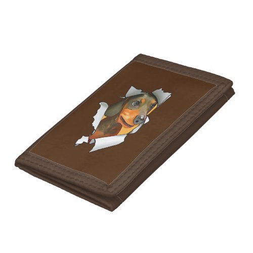 Cartoon Style Dachschund Poking Head Through Paper Trifold Wallet