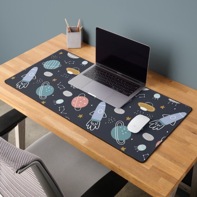 Cartoon Style Planets and Space Rockets Pattern Desk Mat (Office 2)