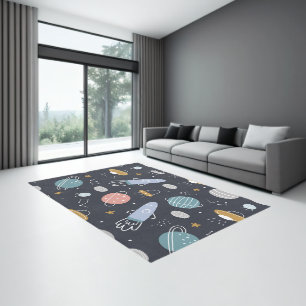 Cartoon Style Planets and Space Rockets Pattern Rug