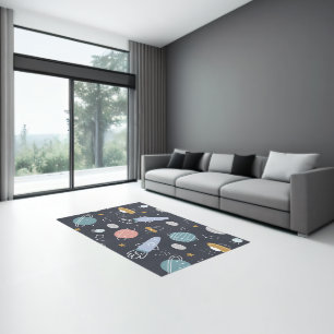 Cartoon Style Planets and Space Rockets Pattern Rug