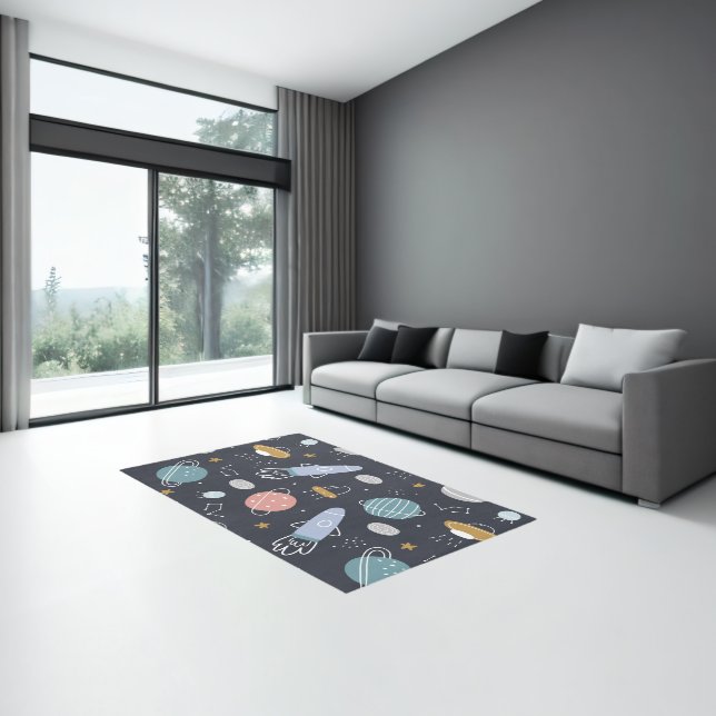 Cartoon Style Planets and Space Rockets Pattern Rug (Insitu (Indoor 3))