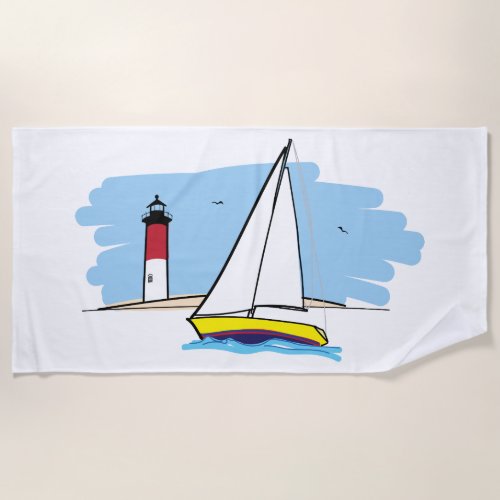 Cartoon_Style Sailboat and Lighthouse Beach Towel