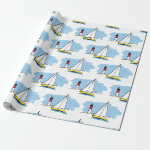 Cartoon-Style Sailboat and Lighthouse Wrapping Paper