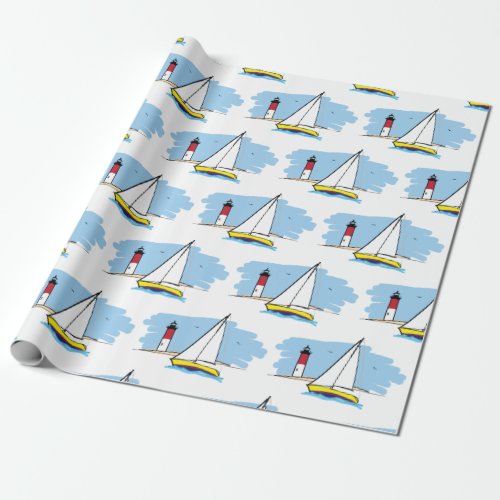 Cartoon_Style Sailboat and Lighthouse Wrapping Paper