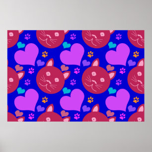 Cartoon style seamless wallpaper with cat face and poster