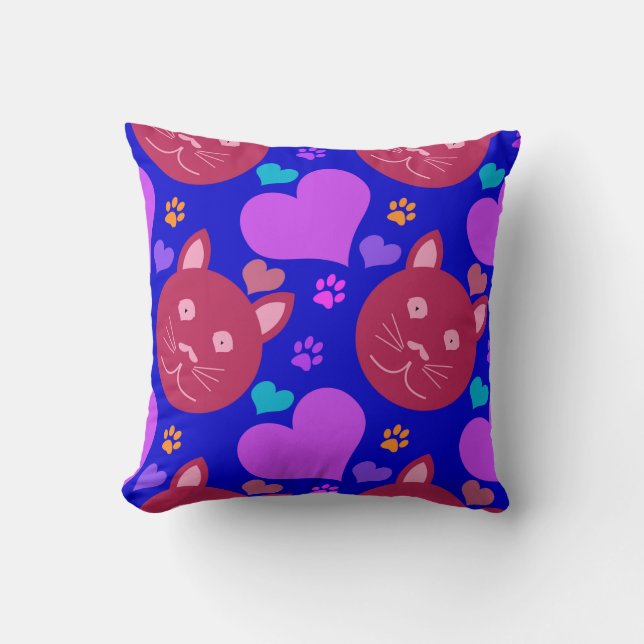 Cartoon style seamless wallpaper with cat face and throw pillow (Front)