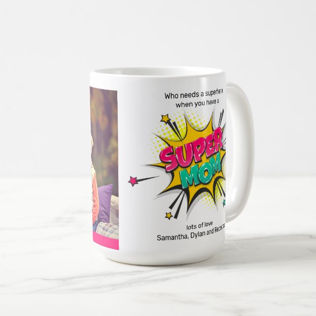 Cartoon Style Super Mom Add Your Photo Mothers Day Coffee Mug (Front Right)