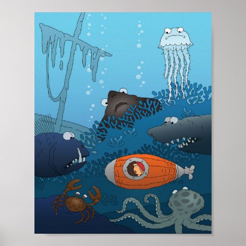 Cartoon Submarine Boy Undersea Animal Fish Poster