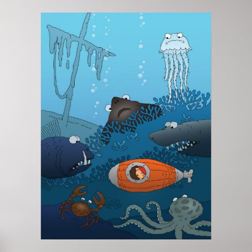 Cartoon Submarine Boy Undersea Animal Monster Poster