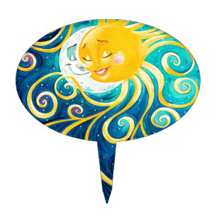 cartoon sun and moon love peace cake topper