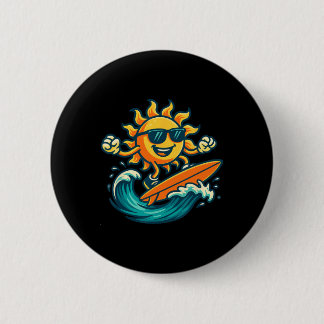 Cartoon Sun Surfing Summer Beach Wave Art  Button