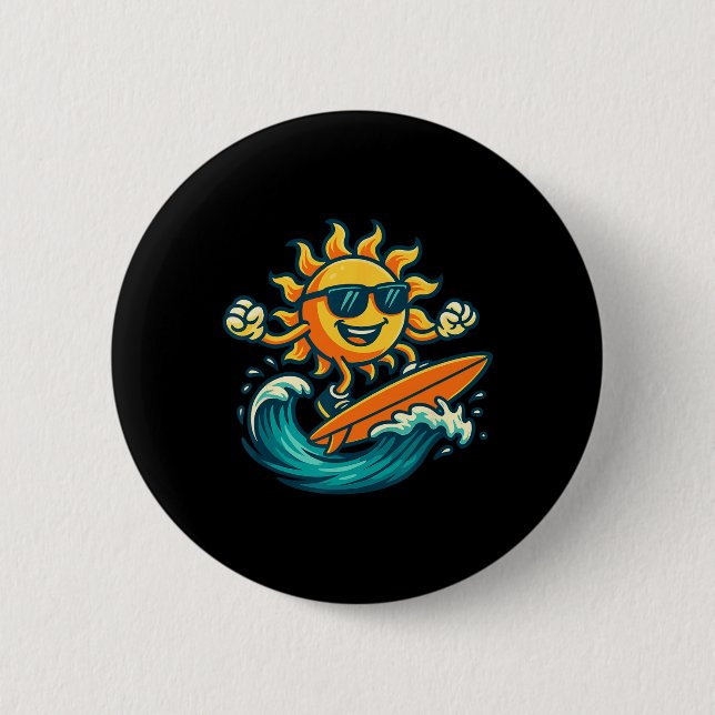 Cartoon Sun Surfing Summer Beach Wave Art  Button (Front)