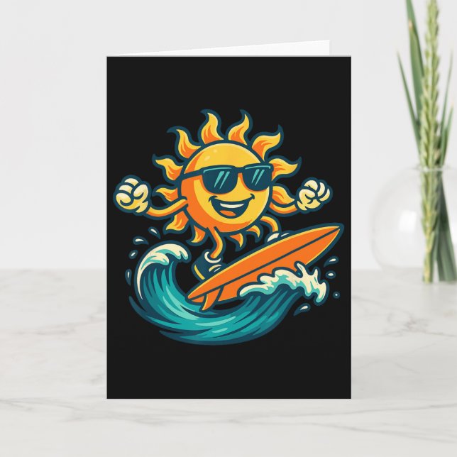 Cartoon Sun Surfing Summer Beach Wave Art  Card (Front)