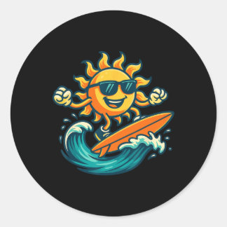 Cartoon Sun Surfing Summer Beach Wave Art  Classic Round Sticker