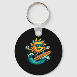 Cartoon Sun Surfing Summer Beach Wave Art  Keychain