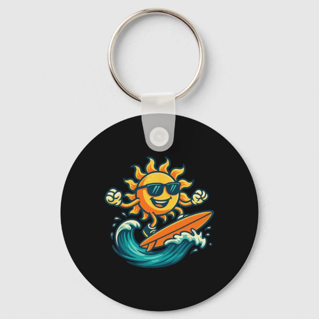 Cartoon Sun Surfing Summer Beach Wave Art  Keychain (Front)