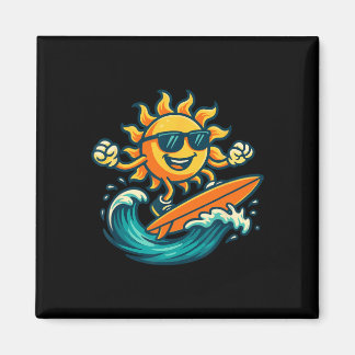 Cartoon Sun Surfing Summer Beach Wave Art  Magnet