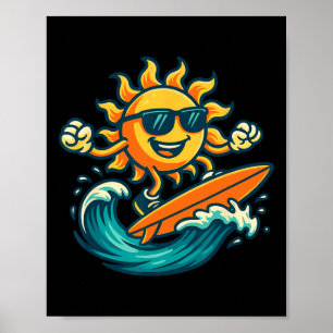 Cartoon Sun Surfing Summer Beach Wave Art Poster