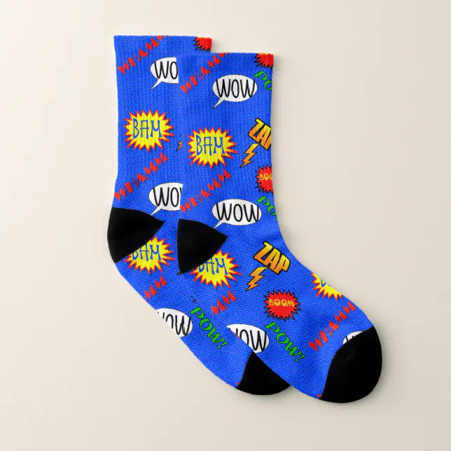 Cartoon Super Hero Action Word Art Socks | Zazzle